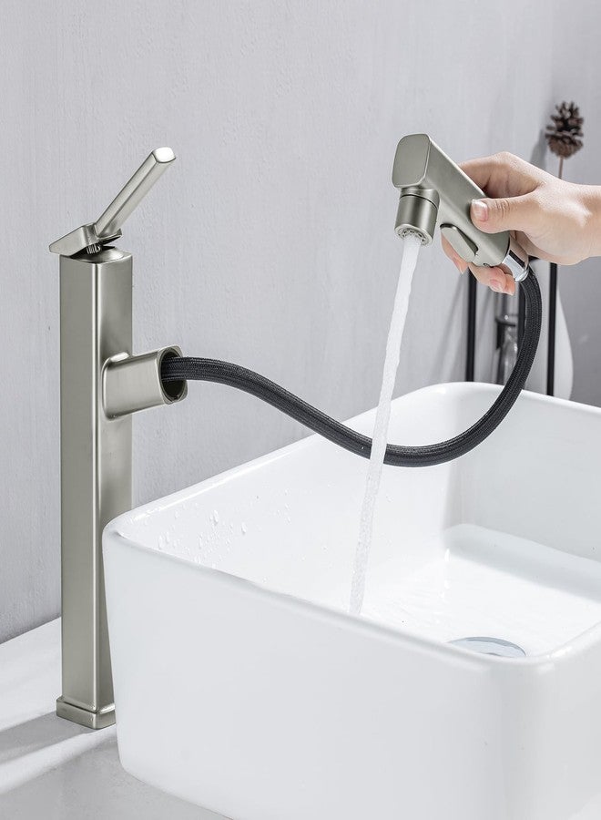 HANLIAN Single Hole Bathroom Pull Out Faucet with Rotating Spout, One Handle Faucet for Bathroom Sink, Modern Bathroom Faucet with Pull Down Sprayer, 3 Modes Vanity Faucets (Brushed Nickel, Tall) - Image 1