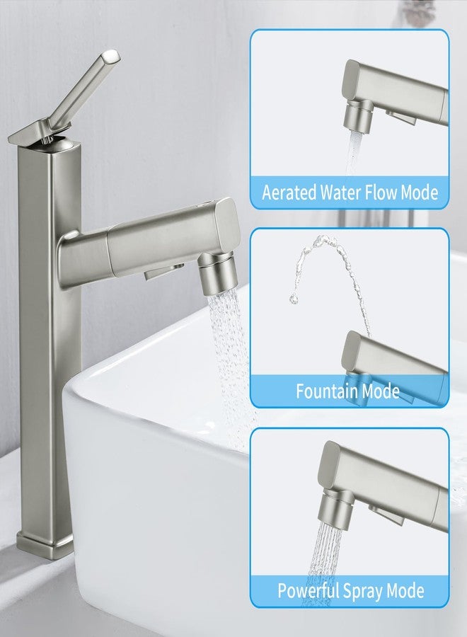 HANLIAN Single Hole Bathroom Pull Out Faucet with Rotating Spout, One Handle Faucet for Bathroom Sink, Modern Bathroom Faucet with Pull Down Sprayer, 3 Modes Vanity Faucets (Brushed Nickel, Tall) - Image 3