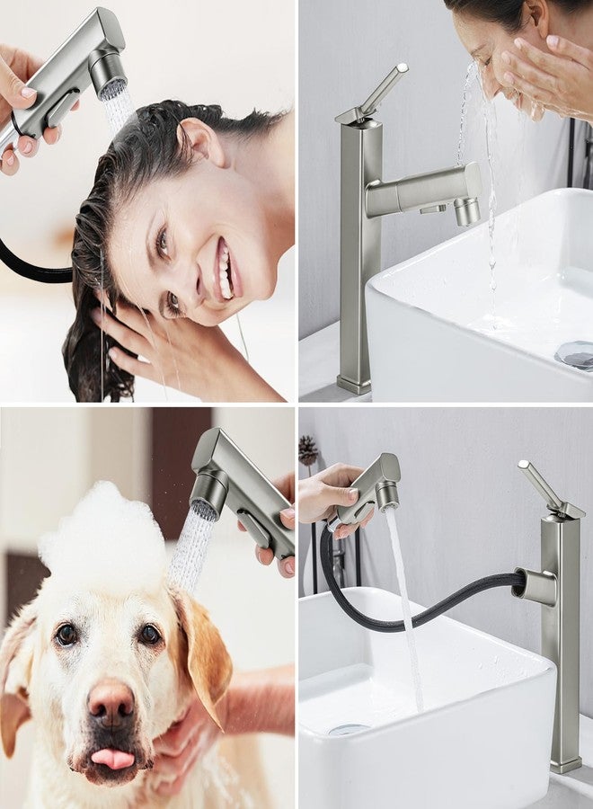 HANLIAN Single Hole Bathroom Pull Out Faucet with Rotating Spout, One Handle Faucet for Bathroom Sink, Modern Bathroom Faucet with Pull Down Sprayer, 3 Modes Vanity Faucets (Brushed Nickel, Tall) - Image 2
