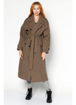 Women Checkered  Belted Trench Coat, Brown Combo