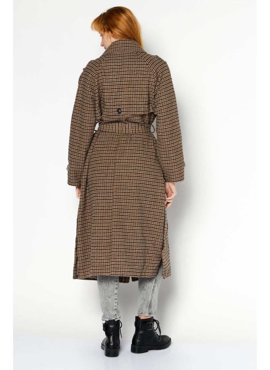 ESPRIT - Women Checkered  Belted Trench Coat, Brown Combo - Image 1
