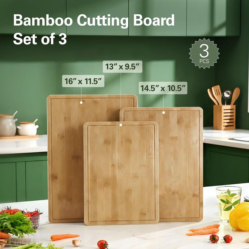 Zarler Bamboo Cutting Boards for Kitchen, 3 Piece Durable Wood Cutting Board with Juice Grooves and Handles, Wooden Chopping Board Set for Meal Prep, XL Size, Ideal Kitchen Gift - Image 5