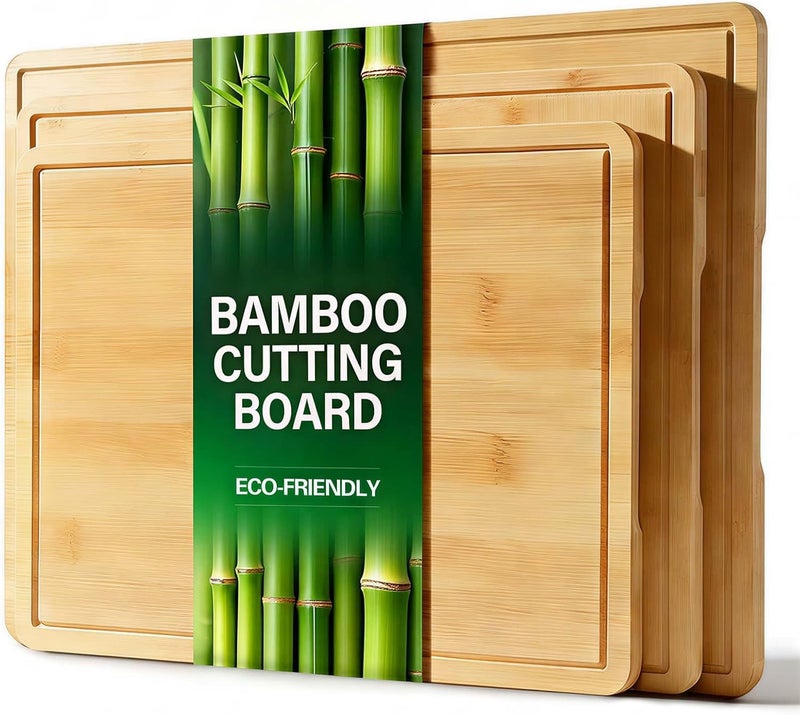Zarler Bamboo Cutting Boards for Kitchen, 3 Piece Durable Wood Cutting Board with Juice Grooves and Handles, Wooden Chopping Board Set for Meal Prep, XL Size, Ideal Kitchen Gift - Image 1