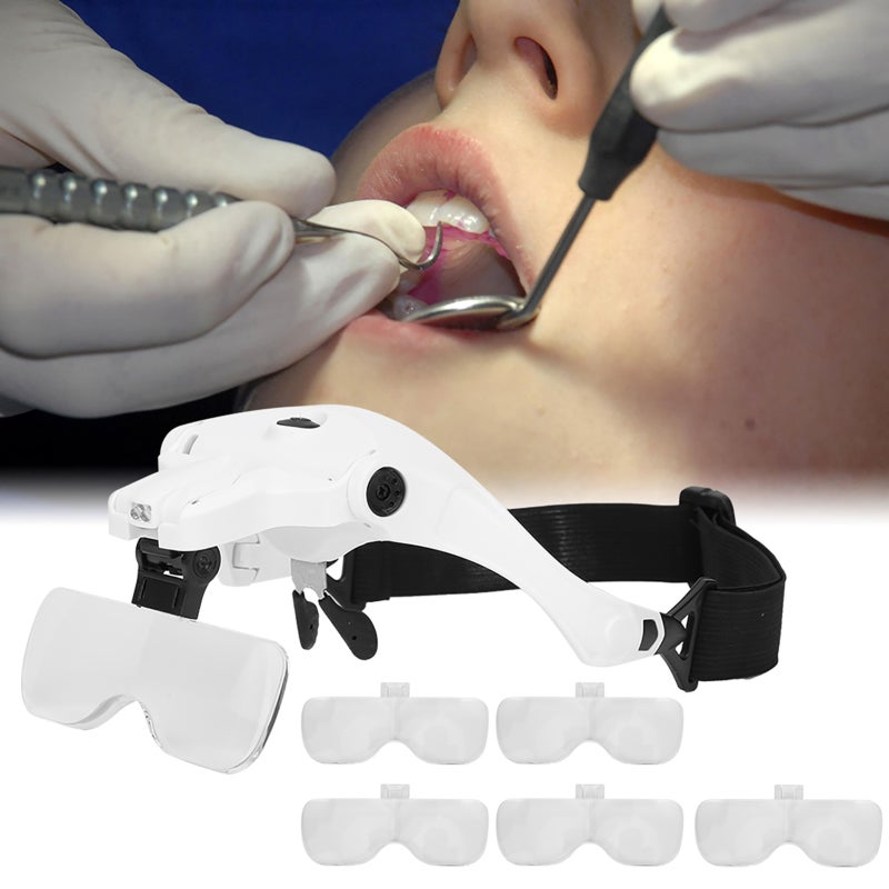 Headband Magnifier: Ultra-Lightweight Scratch-Resistant Binoculars - 5 Interchangeable Lens Boards 2 Bright LED Lights for Low Vision Reading Dentistry Surgery Research Sewing - Image 5