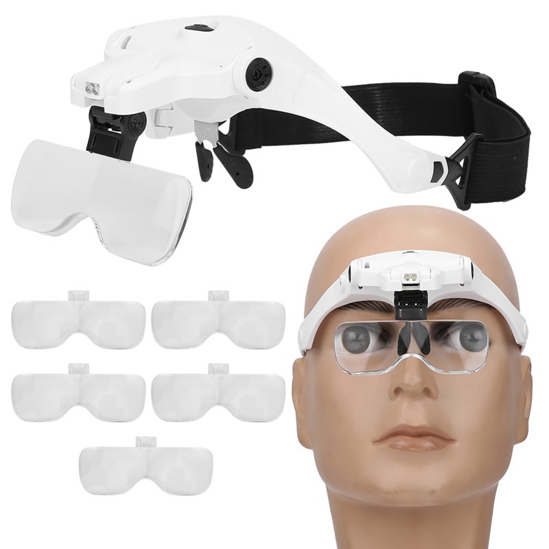 Headband Magnifier: Ultra-Lightweight Scratch-Resistant Binoculars - 5 Interchangeable Lens Boards 2 Bright LED Lights for Low Vision Reading Dentistry Surgery Research Sewing - Image 1