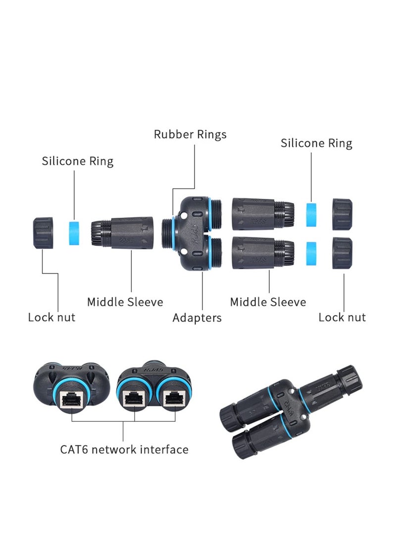 Excefore - Waterproof RJ45 Coupler Splitter, IP68 Waterproof Ethernet Coupler, 1 in 2 Out Splitter IP68 Ethernet Outdoor LAN Cable Connector for Cat5/Cat5e/Cat6/Cat7/Cat8 Ethernet Cable (1 Pair Female) - Image 1