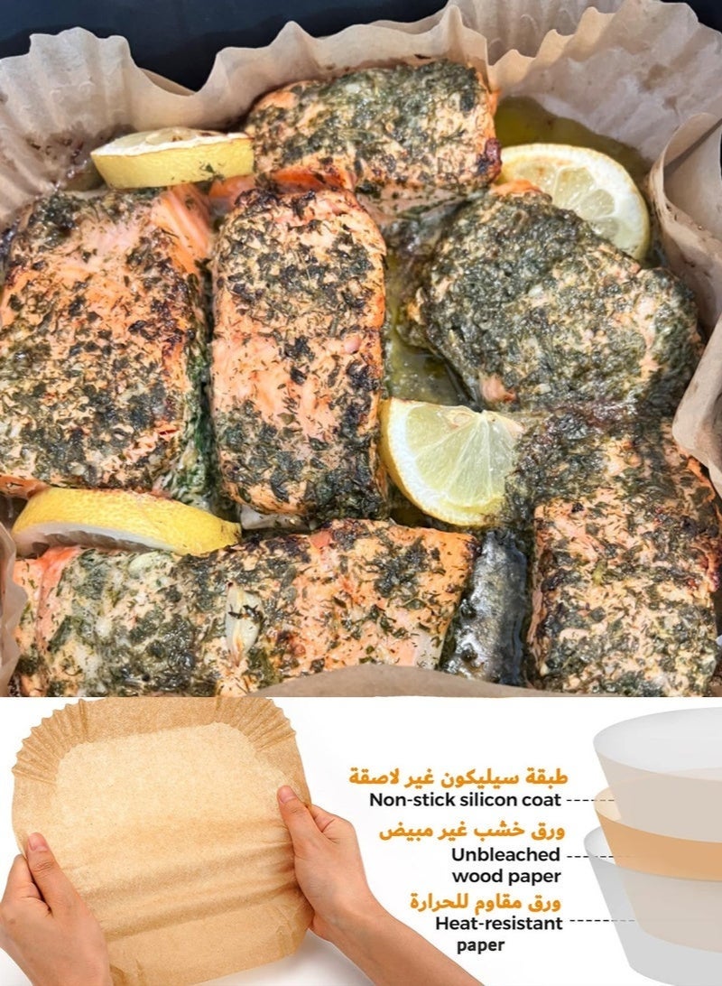 100 ورقة ورقية للاستخدام مرة واحدة مع المقلاة الهوائية، ورق خبز مربع، بطانات للمقلاة الهوائية، ورق زبدة مقاوم للزيت للميكروويف، ورق زبدة غير لاصق مقاس 16 سم للقلي والخبز والطهي والتحميص، أطباق للاستخدام مرة واحدة - Image 3