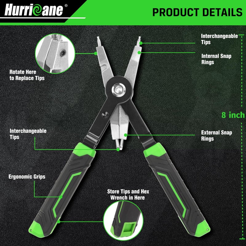HURRICANE 8" Quick Turn Snap Ring Pliers with Interchangeable Tips, Straight and 90Â° Curved Tips, HRC40-45 Hardness, Includes 4 Pairs of Tips for Precision Work, Ideal for Car Repair & Construction - Image 2