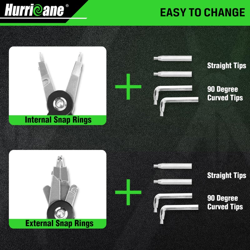 HURRICANE 8" Quick Turn Snap Ring Pliers with Interchangeable Tips, Straight and 90Â° Curved Tips, HRC40-45 Hardness, Includes 4 Pairs of Tips for Precision Work, Ideal for Car Repair & Construction - Image 4