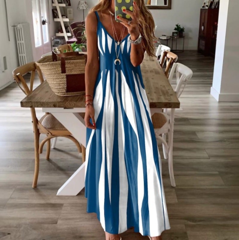 Women's Summer Loose Strappy Color Block Print Maxi Dress - Image 5