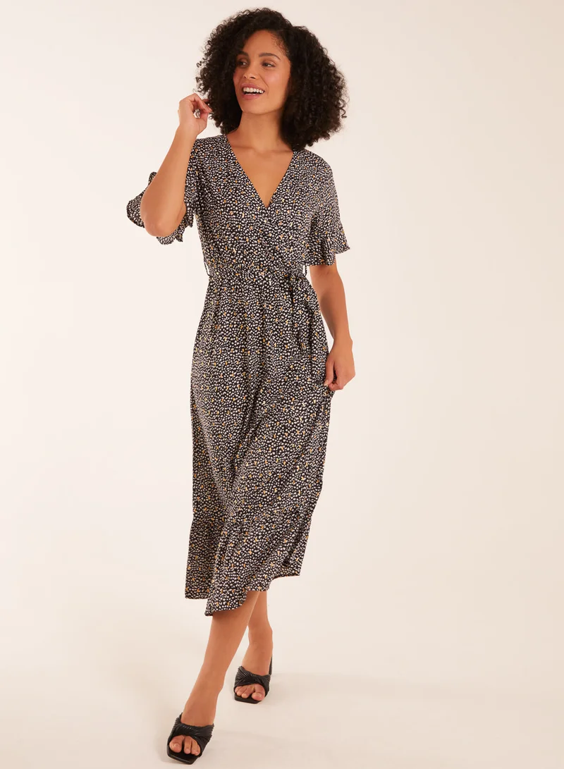 Blue Vanilla Leopard Wrap Cross Over Midi Dress