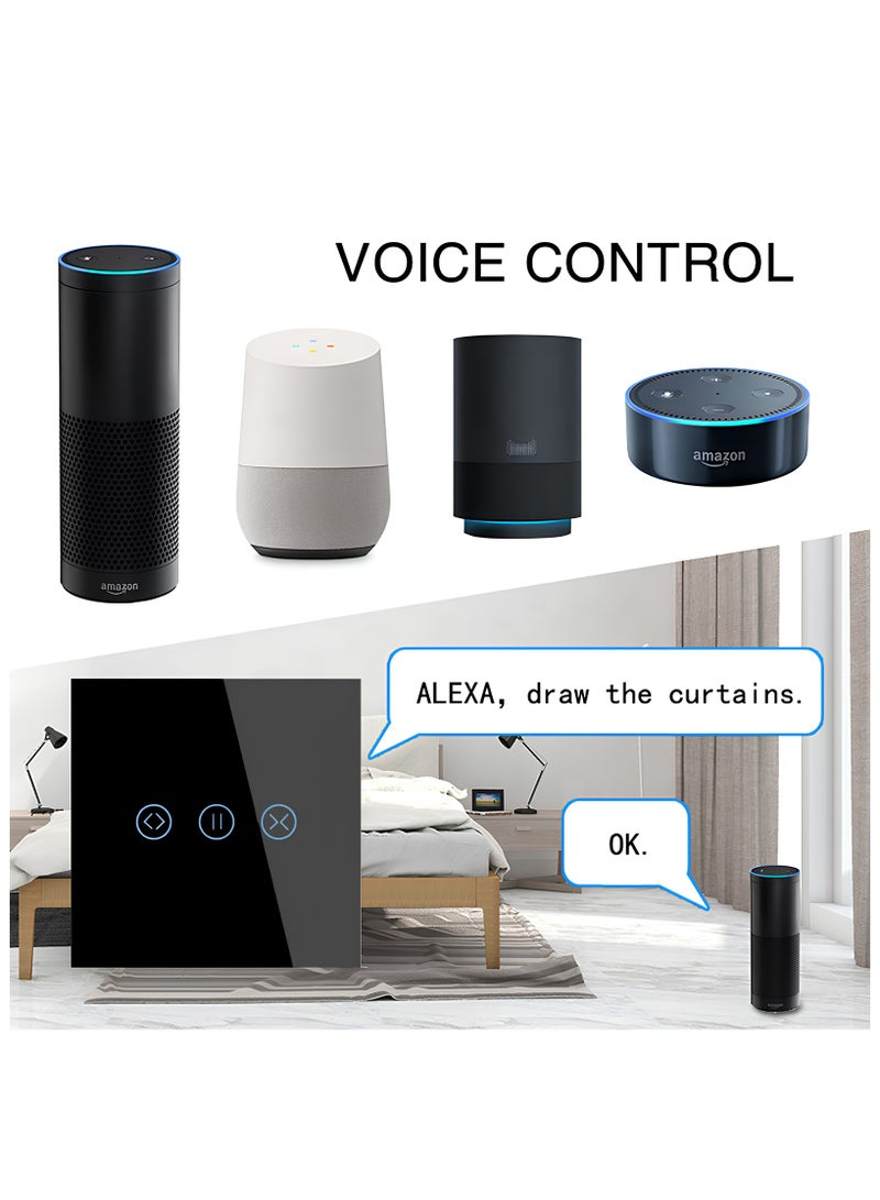 Smart WiFi Curtain Switch with Touch Glass Panel, Neutral Wire Required, Compatible with Alexa and Google Home, Touch & App Remote Control, Timing Function & Voice Control (Black) - Image 3