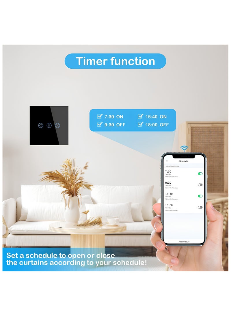 Smart WiFi Curtain Switch with Touch Glass Panel, Neutral Wire Required, Compatible with Alexa and Google Home, Touch & App Remote Control, Timing Function & Voice Control (Black) - Image 4