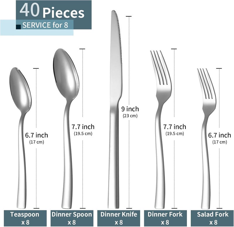 Briout Silverware Set for 8 Briout 40 Piece Flatware Cutlery Set Stainless Steel Luxury Square Tableware Thick Knife Fork Spoon for Home Kitchen Restaurant Wedding Mirror Polished Dishwasher Safe - Image 2