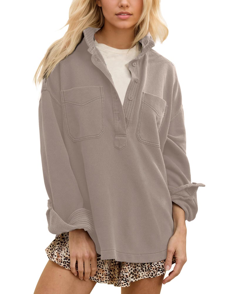 Locachy Women's Casual Oversized Polo Neck Sweatshirt Lapel Long Sleeve Button Pullover Tops Fashion Outfits Clothes Coffee Grey L - Image 1