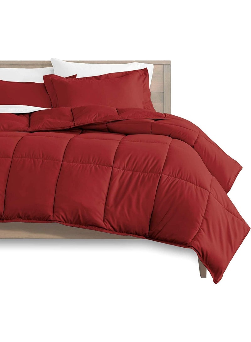 4 Pieces Bedding Comforter Set, 220 X 240 cm - 250 GSM 3-Pcs Solid Quilted Bed Set, Polyster Fabric - 1 Comforter, 1 Flat Sheet and 2 Pillow Cover, Maroon - Image 1