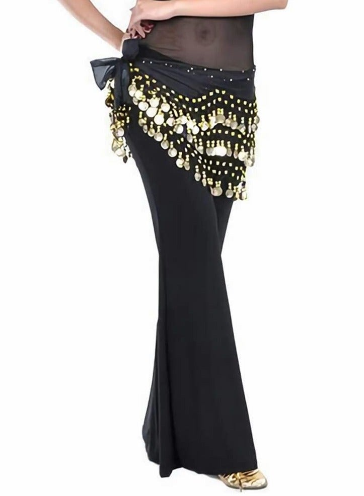 KASTWAVE Belly Dance Hip Skirt Chiffon Dangling Gold Coins Belly Dance Hip Scarf Wrap Belt Black  - Image 3