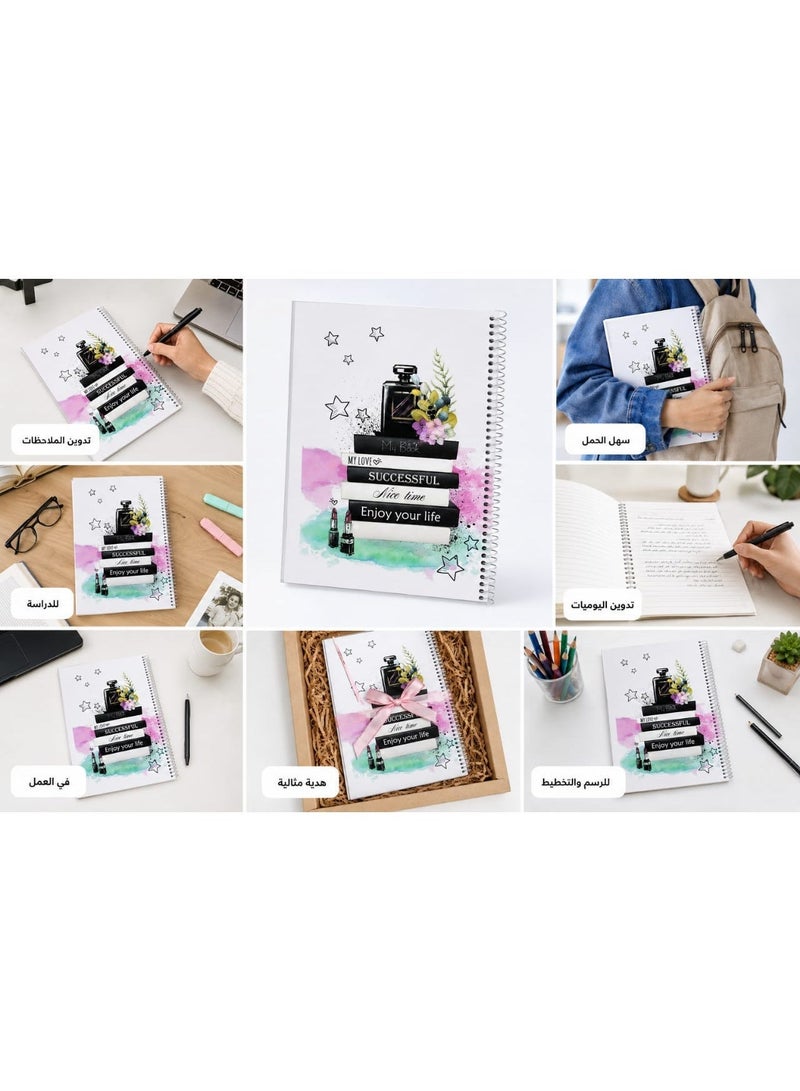 كشكول سلك 100 ورقة ورق ابيض  بتصميم أنيق وعصري - مثالي للكتابة، الرسم، والتدوين - غلاف فني عالي الجودة طويل - Image 1