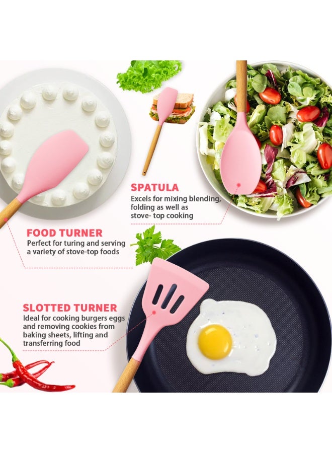 Silicone Kitchen Utensil Set, 11 Pieces Cooking Utensil with Wooden Handles, Utensil Holder for Nonstick Cookware, Spoon, Soup Ladle, Slotted Turner, Whisk, Tongs, Brush, Pasta Server (Pink) - Image 4