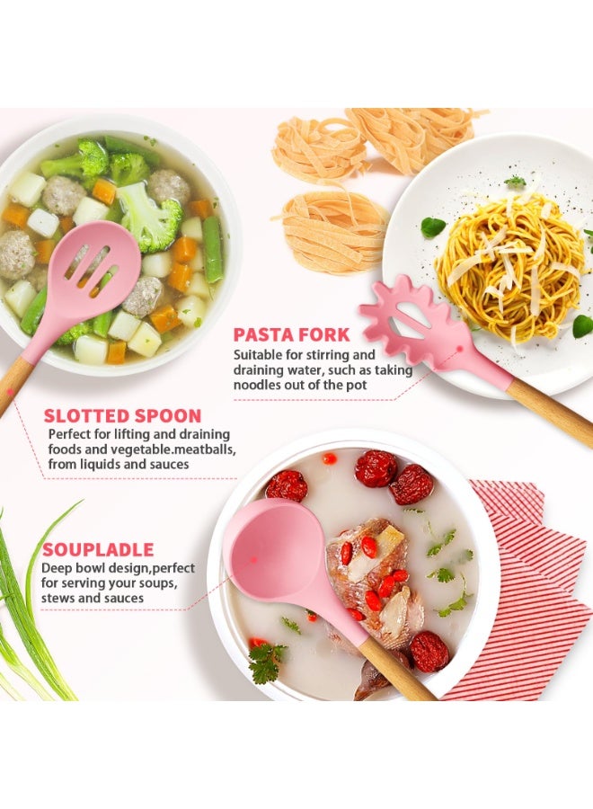 Silicone Kitchen Utensil Set, 11 Pieces Cooking Utensil with Wooden Handles, Utensil Holder for Nonstick Cookware, Spoon, Soup Ladle, Slotted Turner, Whisk, Tongs, Brush, Pasta Server (Pink) - Image 3