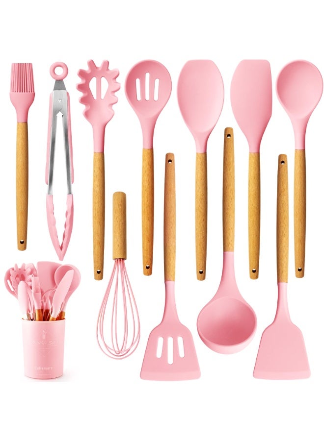 Silicone Kitchen Utensil Set, 11 Pieces Cooking Utensil with Wooden Handles, Utensil Holder for Nonstick Cookware, Spoon, Soup Ladle, Slotted Turner, Whisk, Tongs, Brush, Pasta Server (Pink) - Image 1