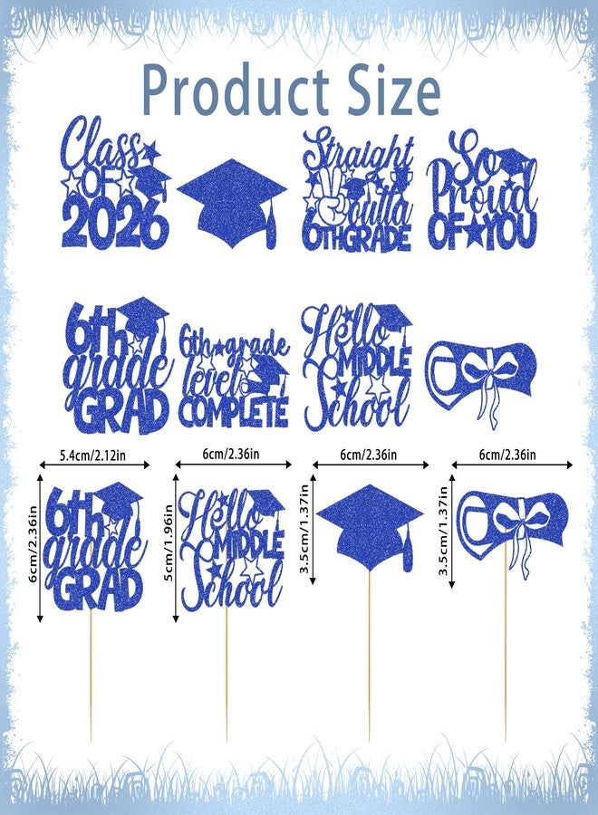RUBOAOA 2026 Graduation Cupcake Toppers, 40 Pcs 6th Grade Graduation Cupcake Toppers, Blue Glitter Congrats Grad Cake Decor for Middle School Graduation Celebrations End of School Year Gatherings - Image 2