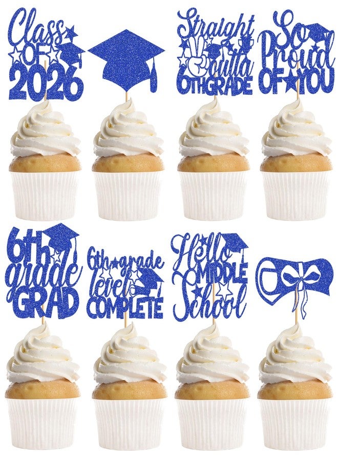 RUBOAOA 2026 Graduation Cupcake Toppers, 40 Pcs 6th Grade Graduation Cupcake Toppers, Blue Glitter Congrats Grad Cake Decor for Middle School Graduation Celebrations End of School Year Gatherings - Image 1