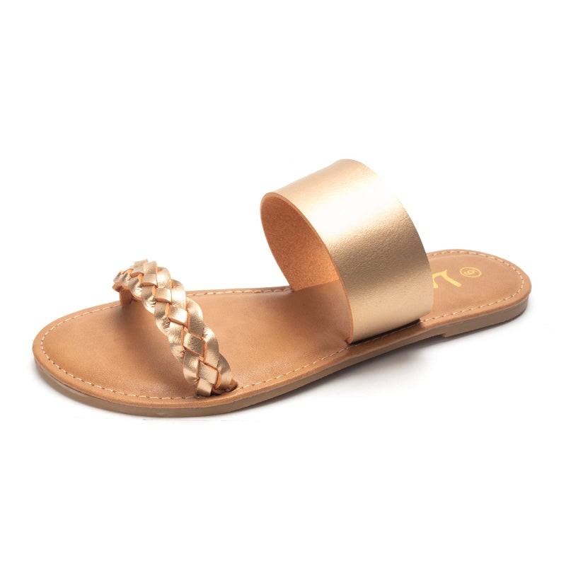 LM Womens Braided Slide Sandals Open Toe Two Band Slip On Flat Sandals Casual Summer Sandals Gold 10