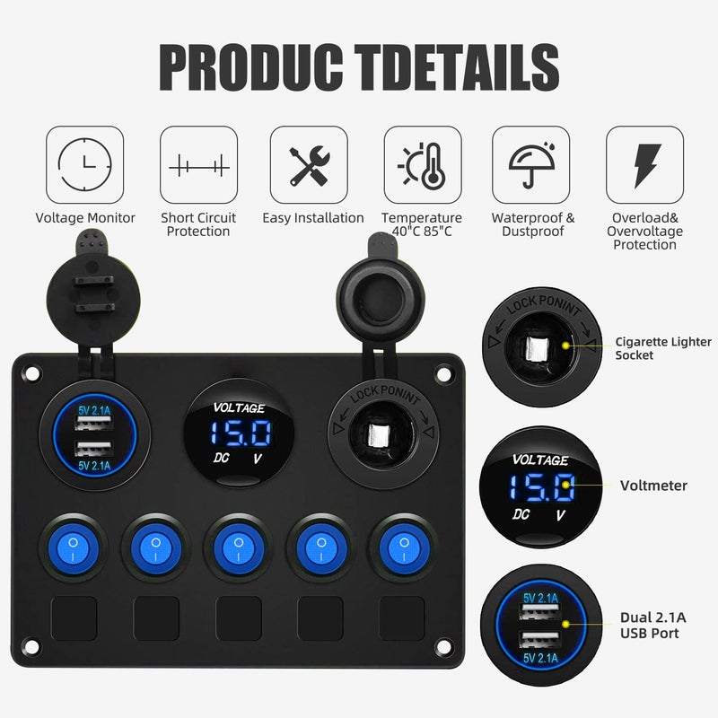 FXC Upgrade Blue 5 Gang Marine Boat Rocker Switch Panel Circuit Breakers, Waterproof Switch Panel with 15A Inline Fuse for Truck RV, Digital Voltmeter USB Charger Port DC 12 Volt Power Outlet Socket - Image 2
