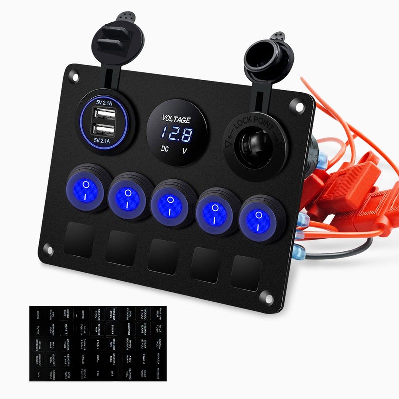 FXC Upgrade Blue 5 Gang Marine Boat Rocker Switch Panel Circuit Breakers, Waterproof Switch Panel with 15A Inline Fuse for Truck RV, Digital Voltmeter USB Charger Port DC 12 Volt Power Outlet Socket - Image 1