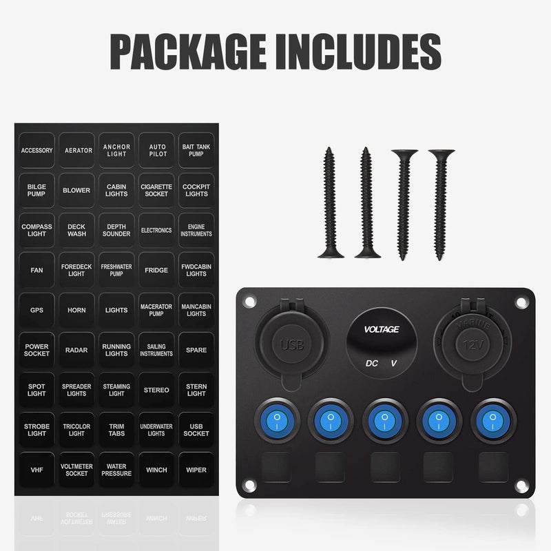 FXC Upgrade Blue 5 Gang Marine Boat Rocker Switch Panel Circuit Breakers, Waterproof Switch Panel with 15A Inline Fuse for Truck RV, Digital Voltmeter USB Charger Port DC 12 Volt Power Outlet Socket - Image 3