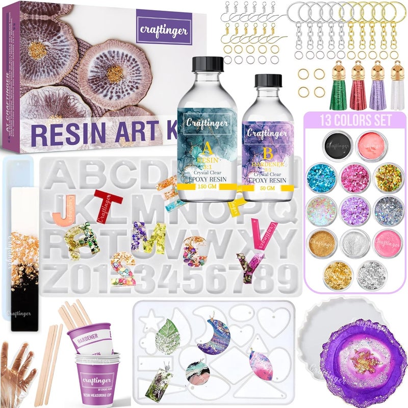 Craftinger Craftinger Upgraded Allin One kit with 200gm Resin for Bookmarks Coasters Alphabet Keychains Pendants Earrings and More Multicolour