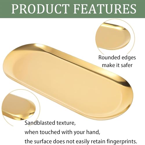 Obtheleg 2pcs Golden Decorative Trays, Gold Stainless Steel Trinket Tray, Oval Jewelry Dish Cosmetics Organizer, Bathroom Vanity Tray for Dresser Counter, Perfume Ring Key Organizer Trays (Normal) - Image 3