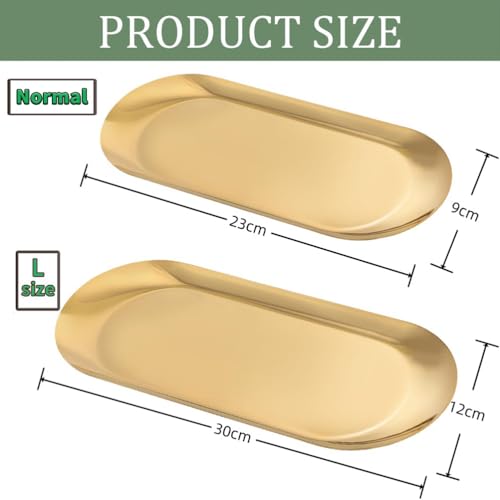 Obtheleg 2pcs Golden Decorative Trays, Gold Stainless Steel Trinket Tray, Oval Jewelry Dish Cosmetics Organizer, Bathroom Vanity Tray for Dresser Counter, Perfume Ring Key Organizer Trays (Normal) - Image 2