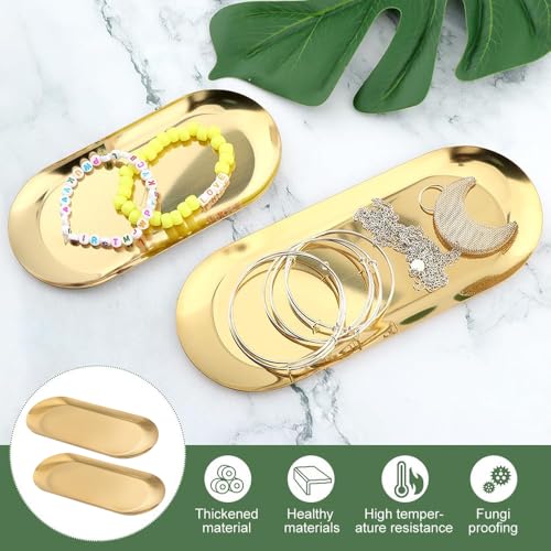 Obtheleg 2pcs Golden Decorative Trays, Gold Stainless Steel Trinket Tray, Oval Jewelry Dish Cosmetics Organizer, Bathroom Vanity Tray for Dresser Counter, Perfume Ring Key Organizer Trays (Normal) - Image 4