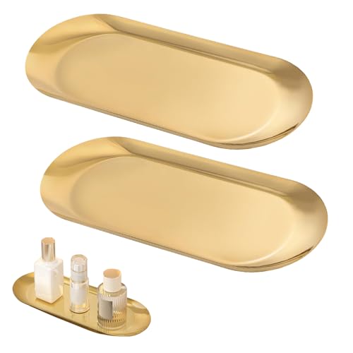 Obtheleg 2pcs Golden Decorative Trays, Gold Stainless Steel Trinket Tray, Oval Jewelry Dish Cosmetics Organizer, Bathroom Vanity Tray for Dresser Counter, Perfume Ring Key Organizer Trays (Normal) - Image 1