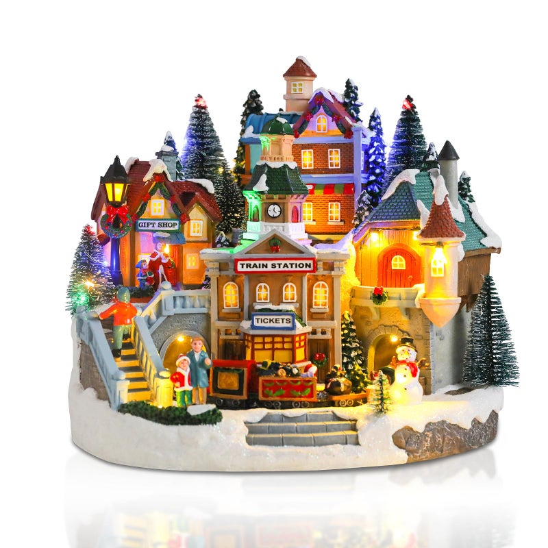 taman Christmas Village Houses - Musical Collectible Buildings with Moving Train Warm Light Ornaments for Christmas Holiday Decorations - Image 1
