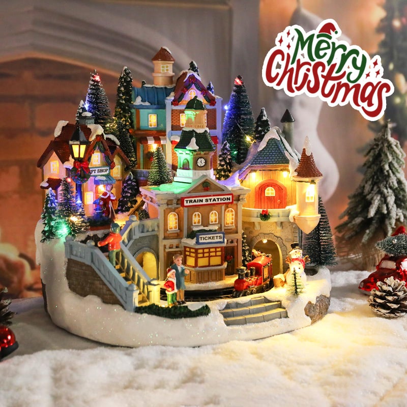 taman Christmas Village Houses - Musical Collectible Buildings with Moving Train Warm Light Ornaments for Christmas Holiday Decorations - Image 2