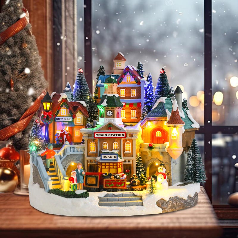 taman Christmas Village Houses - Musical Collectible Buildings with Moving Train Warm Light Ornaments for Christmas Holiday Decorations - Image 5