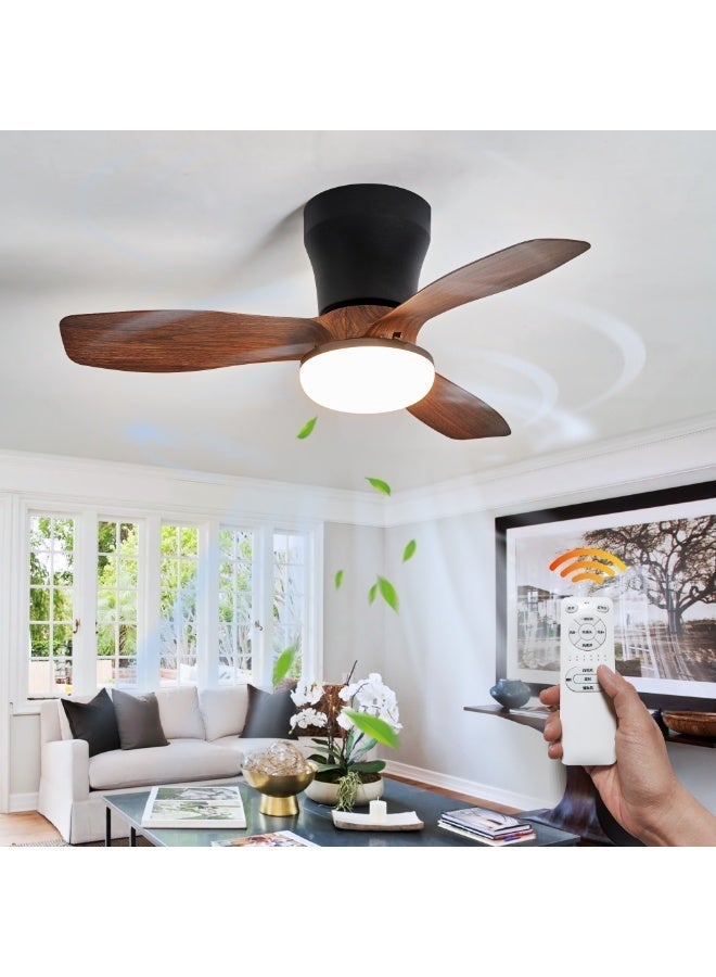 Modern Flush-Mount Ceiling Fan Light – Ultra-Quiet DC Inverter Motor, 24-Inch Design for Low Ceilings, 6-Speed ​​Control & Stepless Color Temperature Adjustment, Reversible Airflow for All Seasons, Walnut-Finish ABS Blades – Ideal for Bedrooms & Home Offices - Image 1