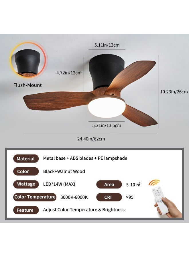 Modern Flush-Mount Ceiling Fan Light – Ultra-Quiet DC Inverter Motor, 24-Inch Design for Low Ceilings, 6-Speed ​​Control & Stepless Color Temperature Adjustment, Reversible Airflow for All Seasons, Walnut-Finish ABS Blades – Ideal for Bedrooms & Home Offices - Image 3