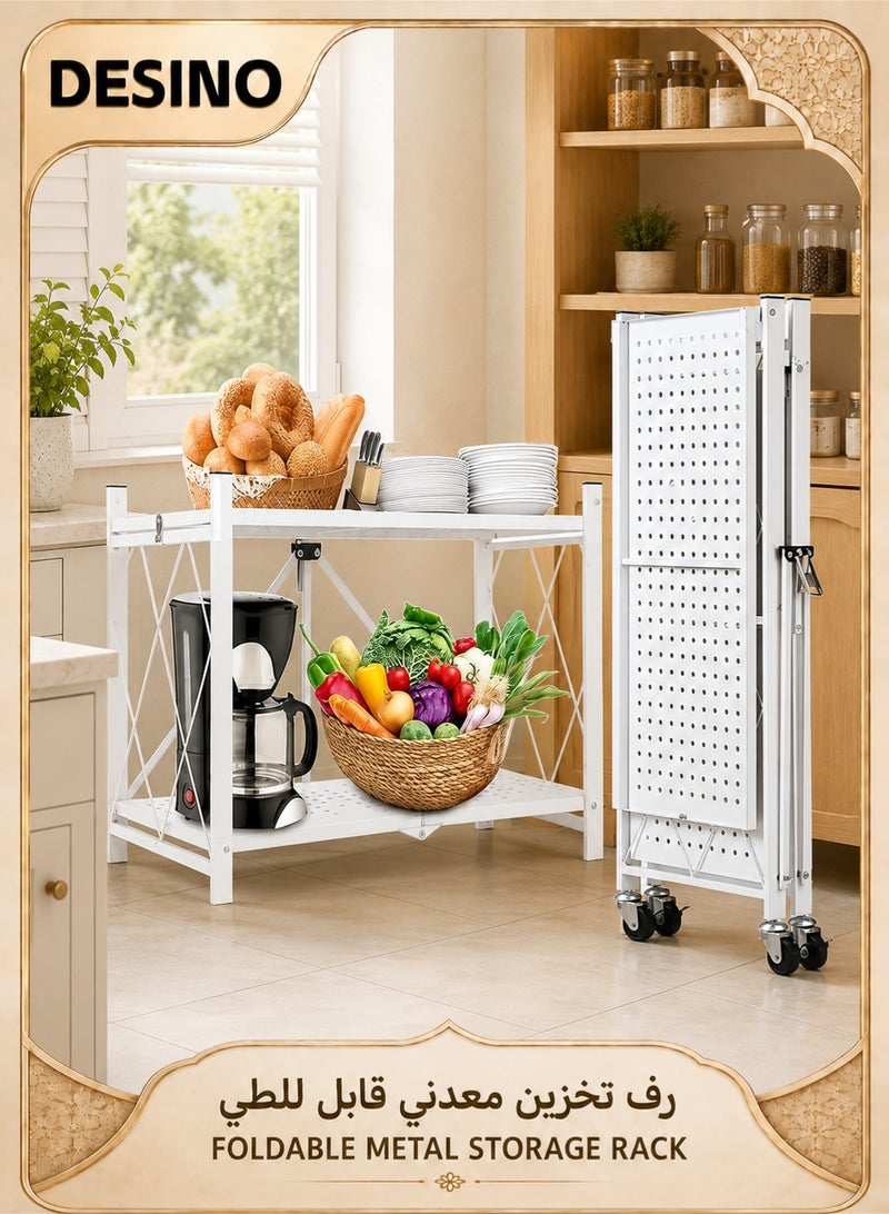 DESINO 2-Tier Foldable Metal Storage Shelf with Wheels, Heavy Duty Rolling Rack, Large Capacity Organizer for Kitchen, Garage, Office, Pantry - Image 1