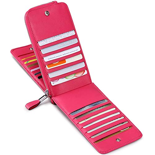 JEEBURYEE Women's Genuine Leather Multi Credit Card Holder Wallet RFID Blocking Long Bifold Clutch Wallet Ladies Purse with Zipper Pocket Rose Red - Image 2