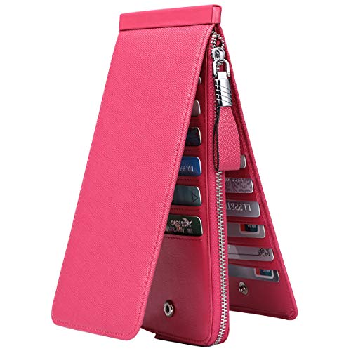 JEEBURYEE Women's Genuine Leather Multi Credit Card Holder Wallet RFID Blocking Long Bifold Clutch Wallet Ladies Purse with Zipper Pocket Rose Red - Image 1