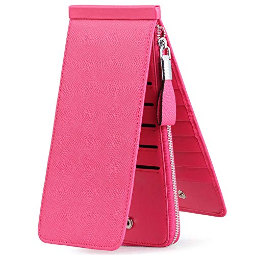 JEEBURYEE Women's Genuine Leather Multi Credit Card Holder Wallet RFID Blocking Long Bifold Clutch Wallet Ladies Purse with Zipper Pocket Rose Red - Image 3