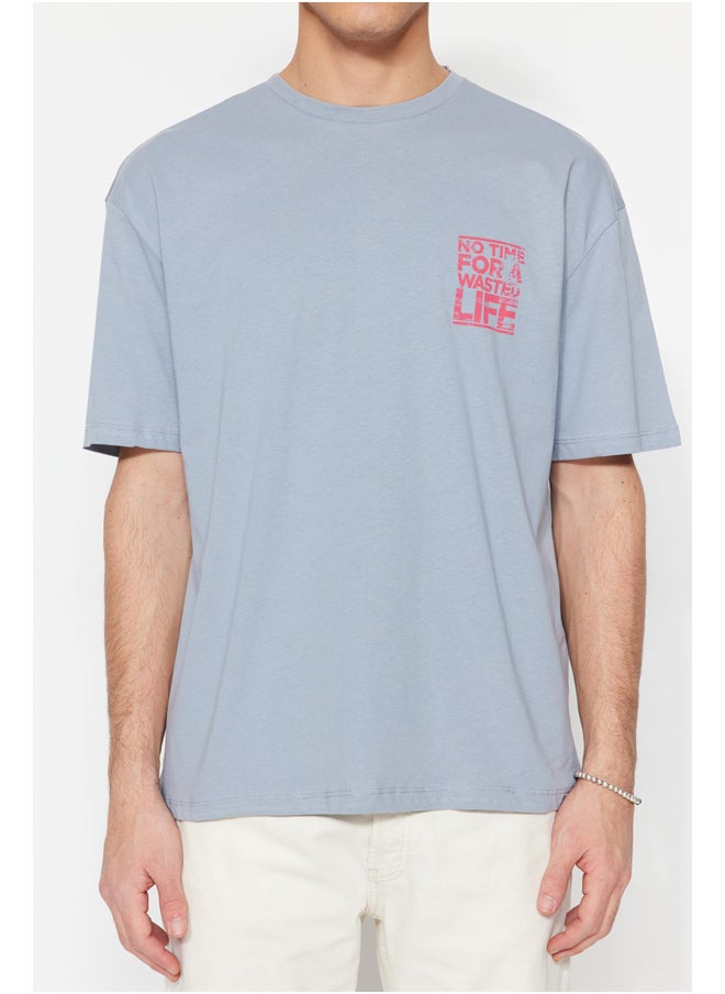 trendyol - Gray Relaxed/Casual Fit Crew Neck Text Printed 100% Cotton T-Shirt TMNSS21TS1685 - Image 1