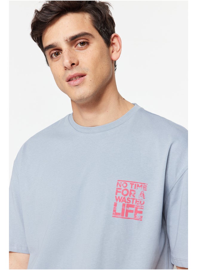 trendyol - Gray Relaxed/Casual Fit Crew Neck Text Printed 100% Cotton T-Shirt TMNSS21TS1685 - Image 1