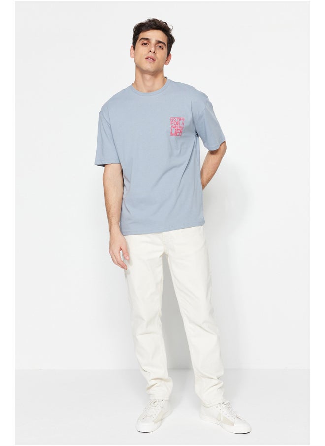 trendyol - Gray Relaxed/Casual Fit Crew Neck Text Printed 100% Cotton T-Shirt TMNSS21TS1685 - Image 1