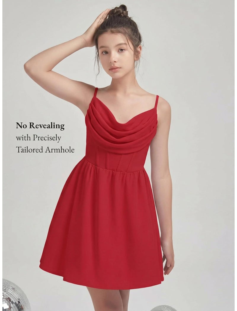 EXARUS Girls Summer Easter Dress Tween Party Dance Spaghetti Strap Birthday Cocktail Teen Junior Wedding HOCO Ruffle Mini Elegant Dresses Red 10 Years - Image 4