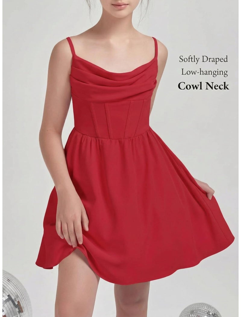 EXARUS Girls Summer Easter Dress Tween Party Dance Spaghetti Strap Birthday Cocktail Teen Junior Wedding HOCO Ruffle Mini Elegant Dresses Red 10 Years - Image 2